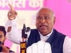 Congress President MalliKarjun Kharge during an election meeting in Hanumangarh on Monday.