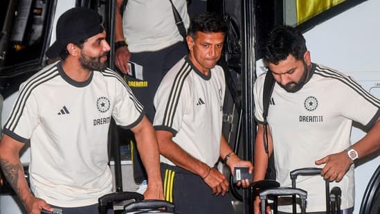 Indian cricket coach Rahul Dravid with players Rohit Sharma (captain) and Ravindra Jadeja before leaving for New York 