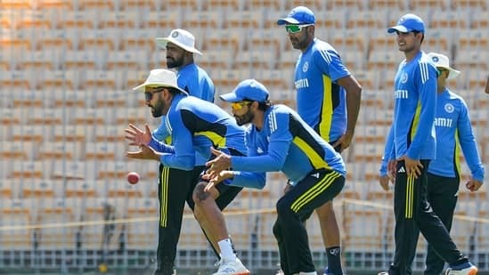 Indian cricket team captain Rohit Sharma with teammate Ravindra Jadeja during a training session ahead of the first Test match against Bangladesh, at MA Chidambaram Stadium, in Chennai, Monday, Sept. 16, 2024