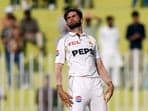 Pakistan's Shaheen Shah Afridi celebrates after taking the wicket of Bangladesh's Mehidy Hasan Mirza during the fourth day of first cricket test match between Pakistan and Bangladesh