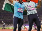 Neeraj Chopra won the gold while Kishore Jena finished behind him to settle for a silver medal at the Asian Games(PTI)