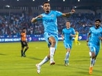 Vikram Partap Singh of Mumbai City FC celebrates after scoring a goal during the Indian Super League (ISL) 2023-24 