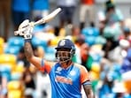 India's Suryakumar Yadav celebrates his half-century during the Super 8 Group 1 match against Afghanistan in the ICC Mens T20 World Cup 2024, at Kensington Oval in Barbados 