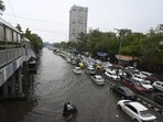 Delhi-NCR on Friday morning received heavy rainfall accompanied by thunderstorms and lightning, causing severe waterlogging and traffic congestion in the city.(Sanjeev Verma/Hindustan Times)