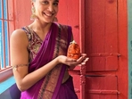 Sharvari chose a violet kanjivaram sari passed down by her grandmother for Ganesh Chaturthi celebrations at her home.