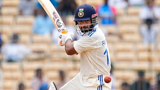 Rishabh Pant plays a shot on the third day of the first test cricket match between India and Bangladesh.