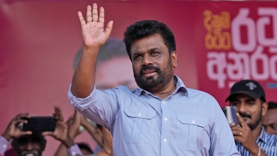 Sri Lankan new President Anura Kumara Dissanayake waves to supporters during a public rally in Dehiowita.(AP file)