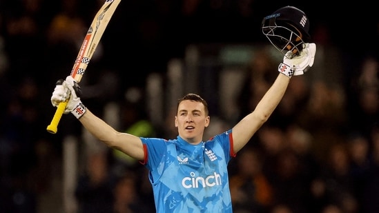 England's Harry Brook celebrates after reaching his century against Australia(Action Images via Reuters)